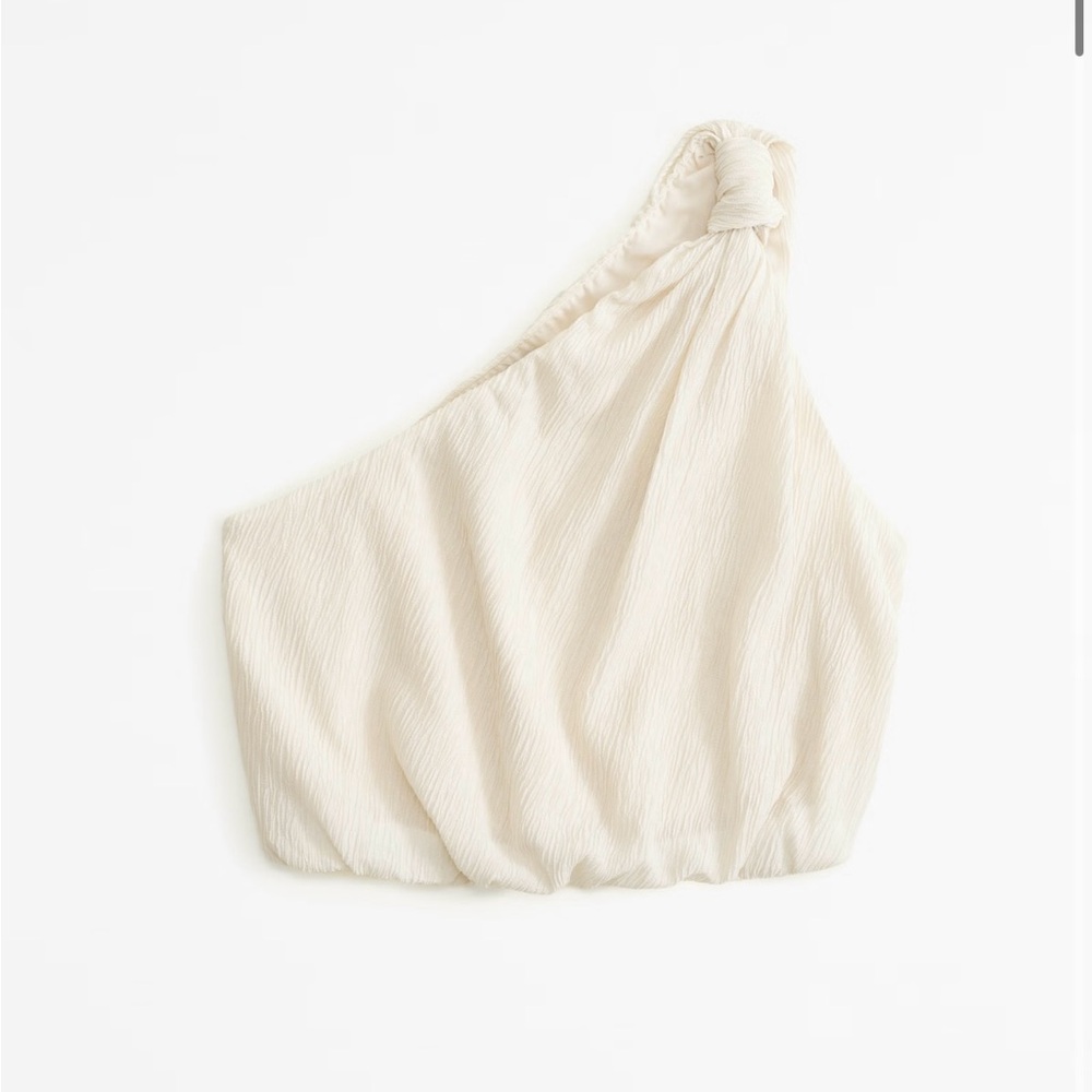 NWOT Asymmetrical One-Shoulder Knotted Crinkle Top, Warm Beige